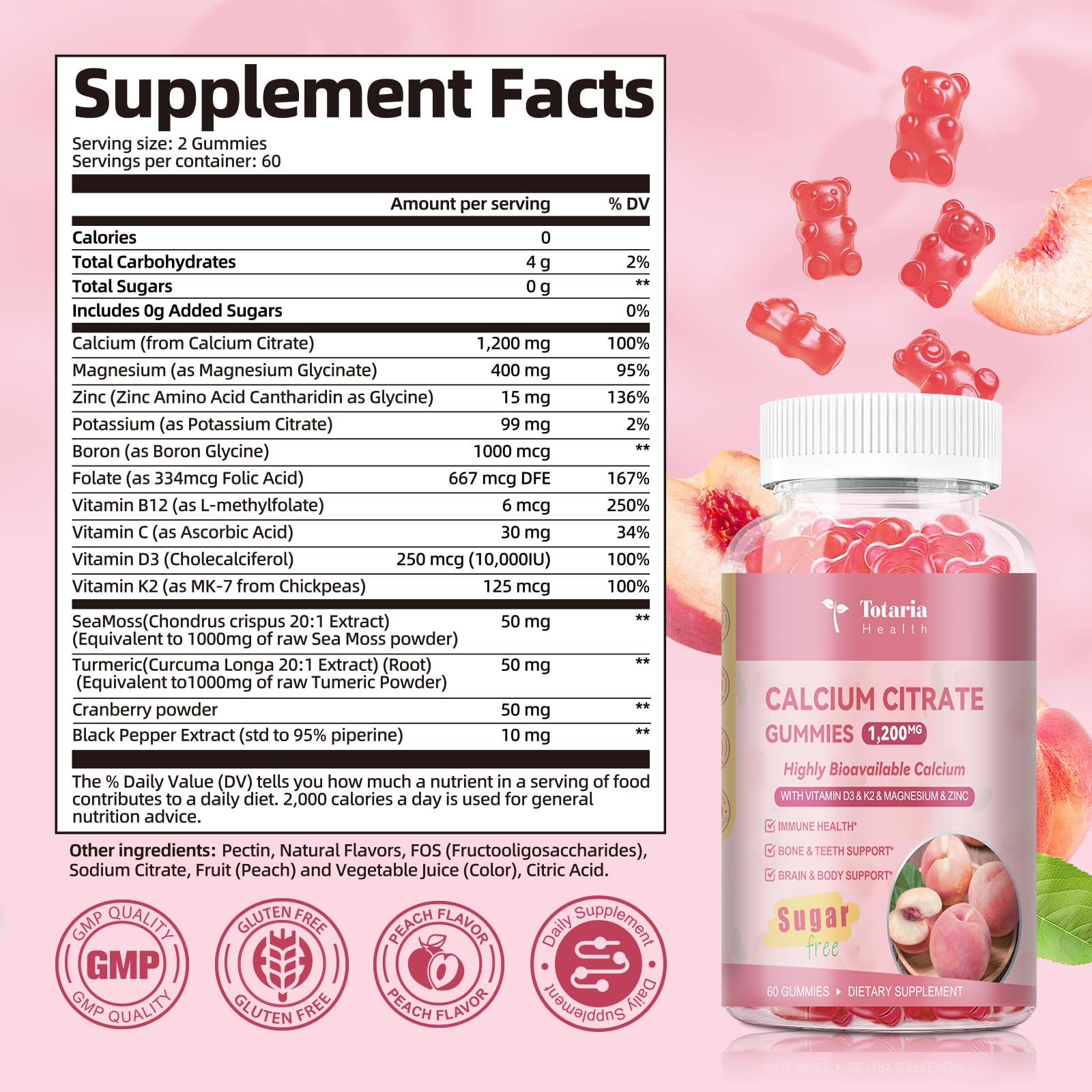Totaria calcium citrate gummies peach flavor with minerals for immune vitality