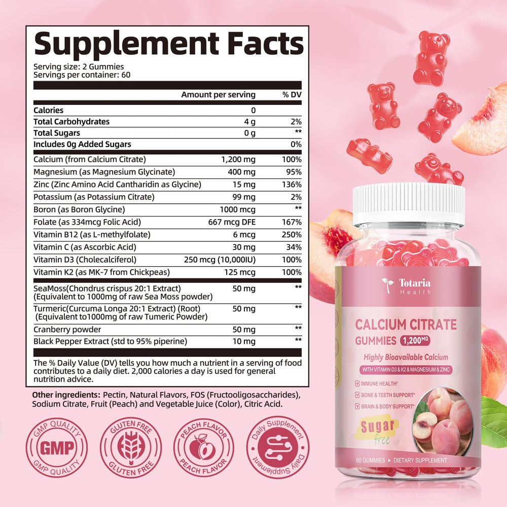 Totaria calcium citrate gummies peach flavor with minerals for immune vitality