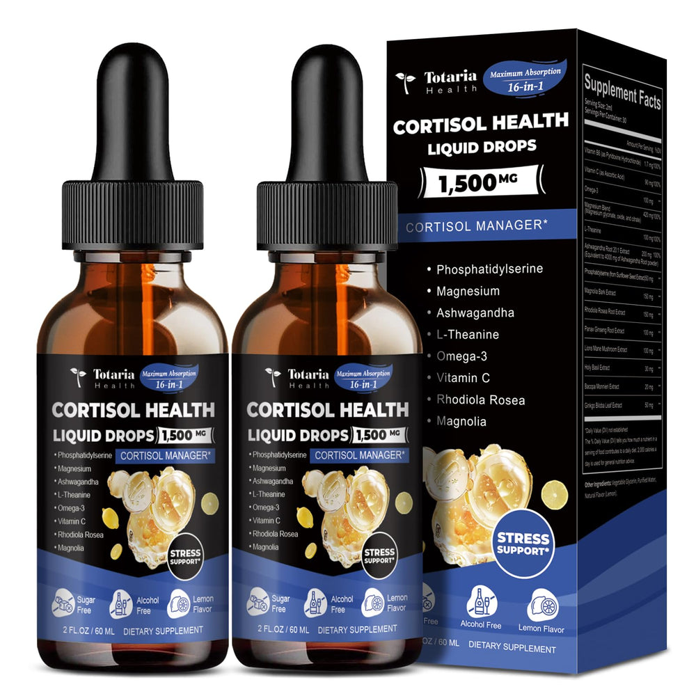 Totaria cortisol drops bottle close-up for natural balance support.