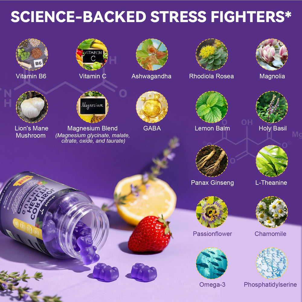 Totaria Cortisol Gummies bottle side label highlighting 20-in-1 formulation for resilience.