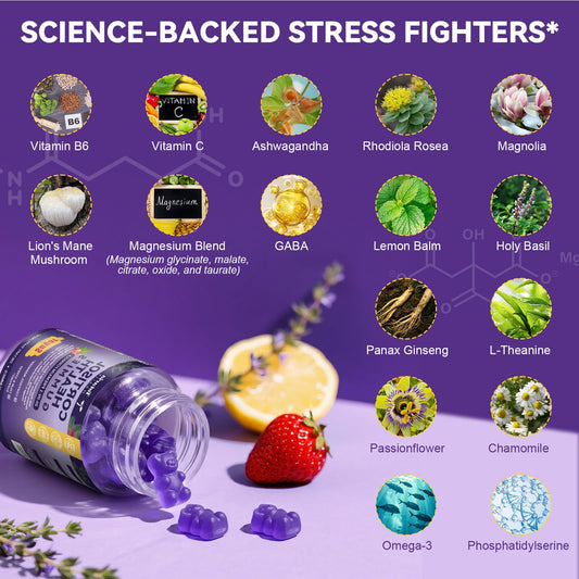 Totaria Cortisol Gummies bottle side label highlighting 20-in-1 formulation for resilience.