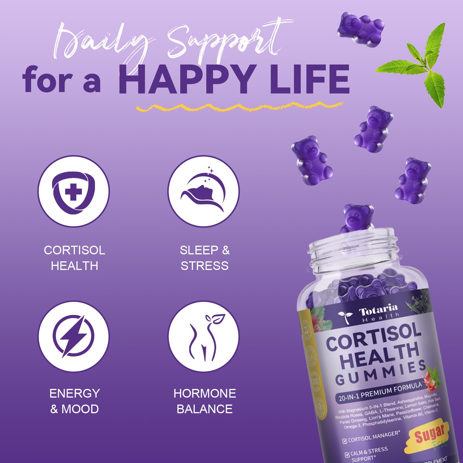 Totaria Cortisol Gummies ingredients scene emphasizing adaptogens and nutrients.