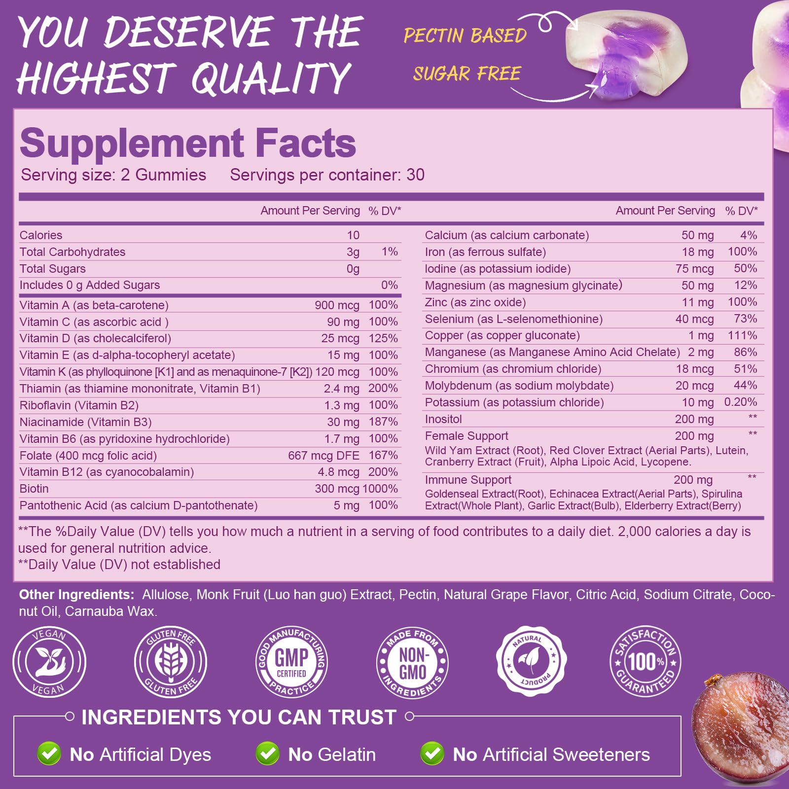 Totaria ingredient panel label highlighting vitamins and minerals