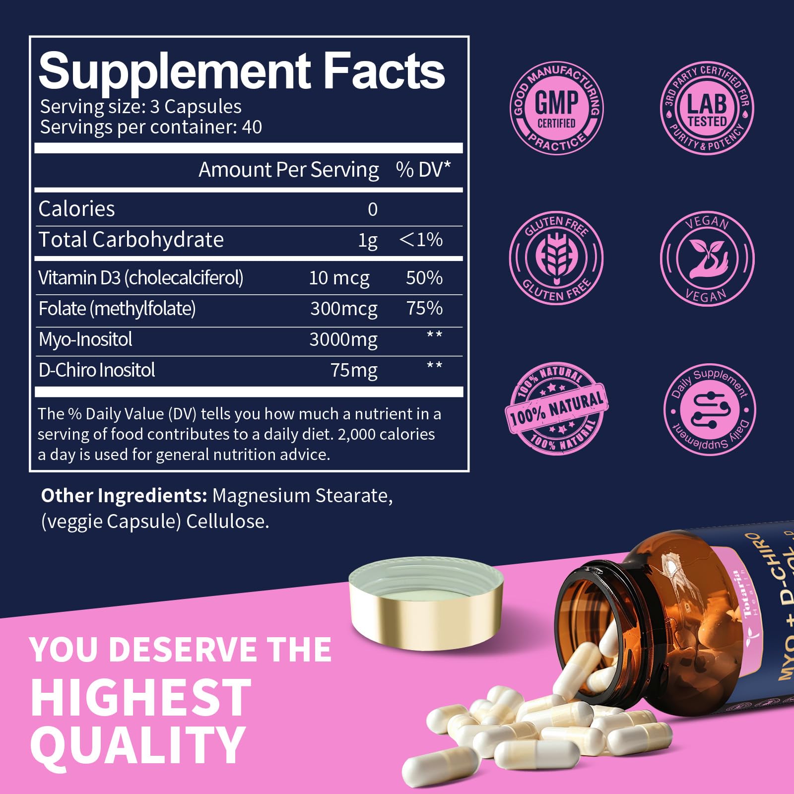 Totaria Inositol ingredient panel showcases vitamins D3 and folate for balance