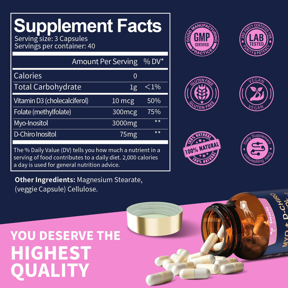 Totaria Inositol ingredient panel showcases vitamins D3 and folate for balance