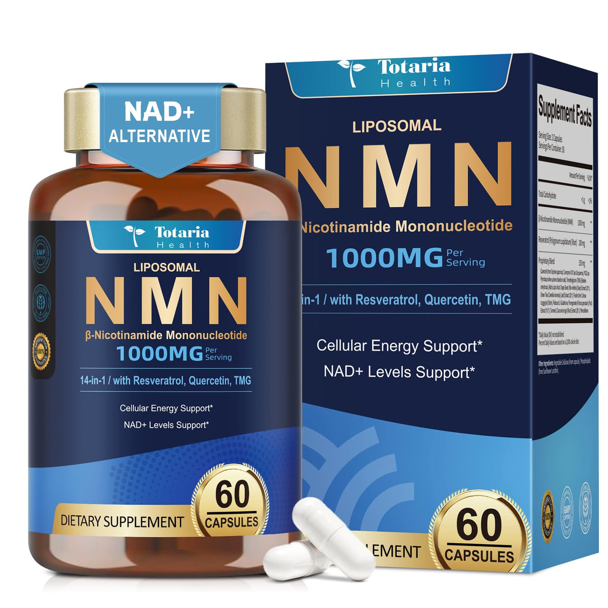Totaria Liposomal NMN bottle shown for daily NAD+ support and energy maintenance.