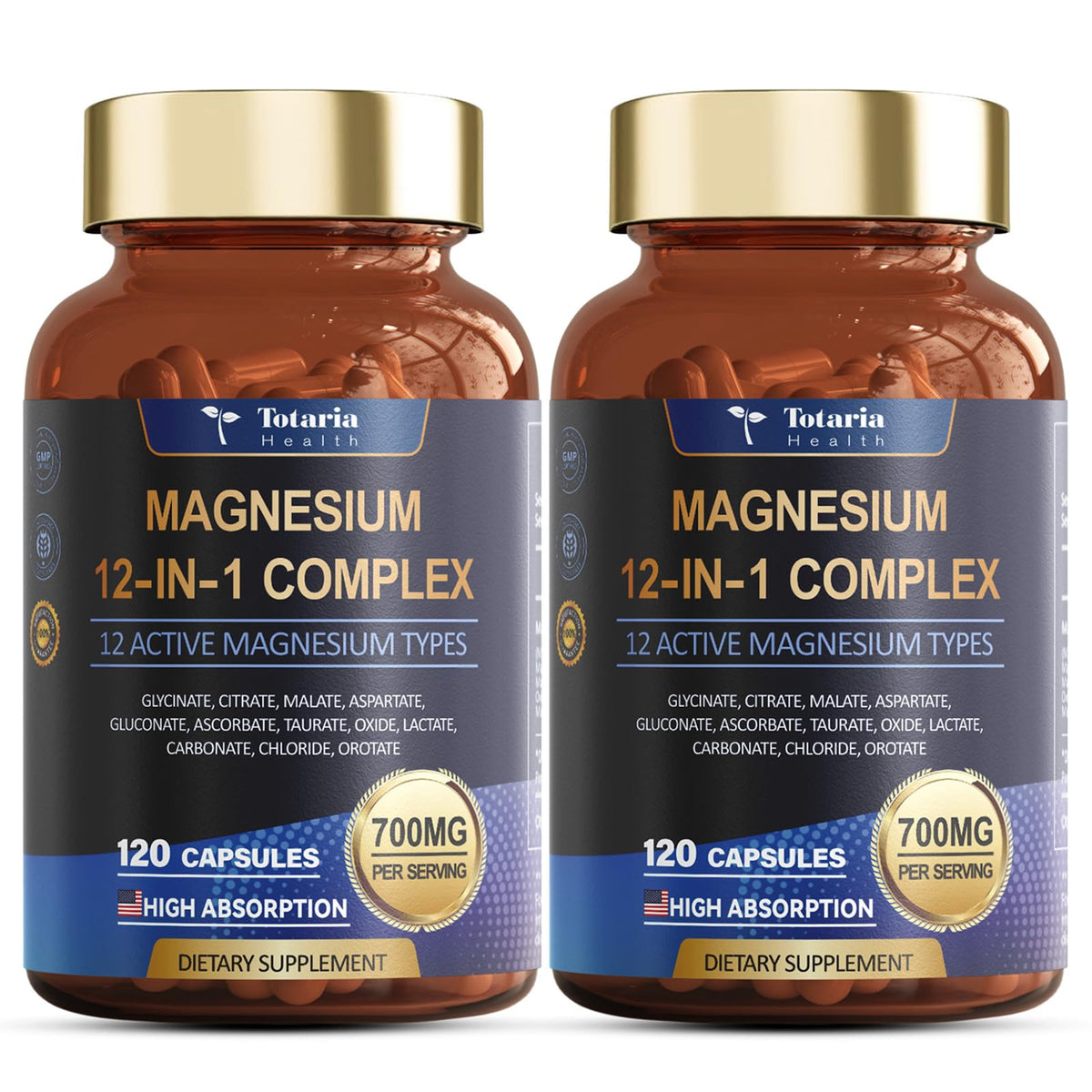Totaria Magnesium Complex bottle showing 12 forms for enhanced relaxation and muscle comfort