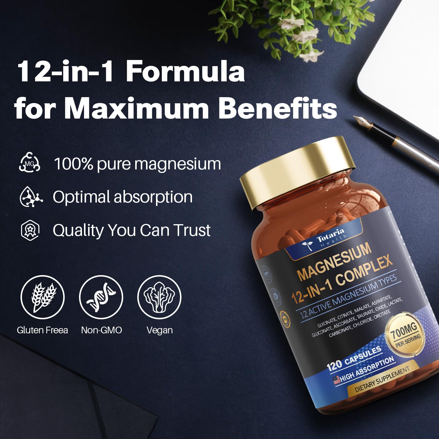 Totaria Magnesium Complex label back lists ingredients and vegan, GMO-free quality
