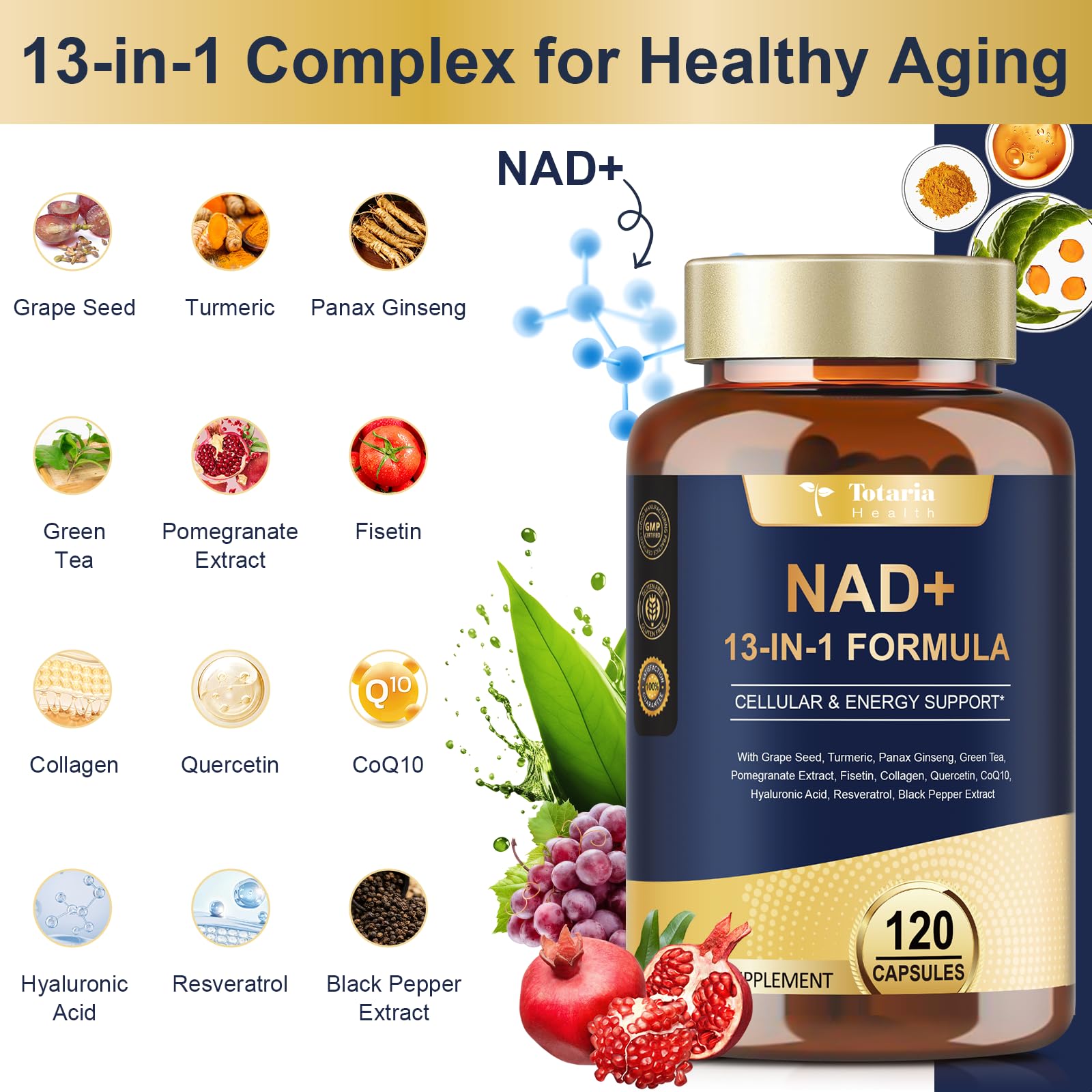 Totaria NAD+ capsules inside bottle show a convenient 60-day routine.