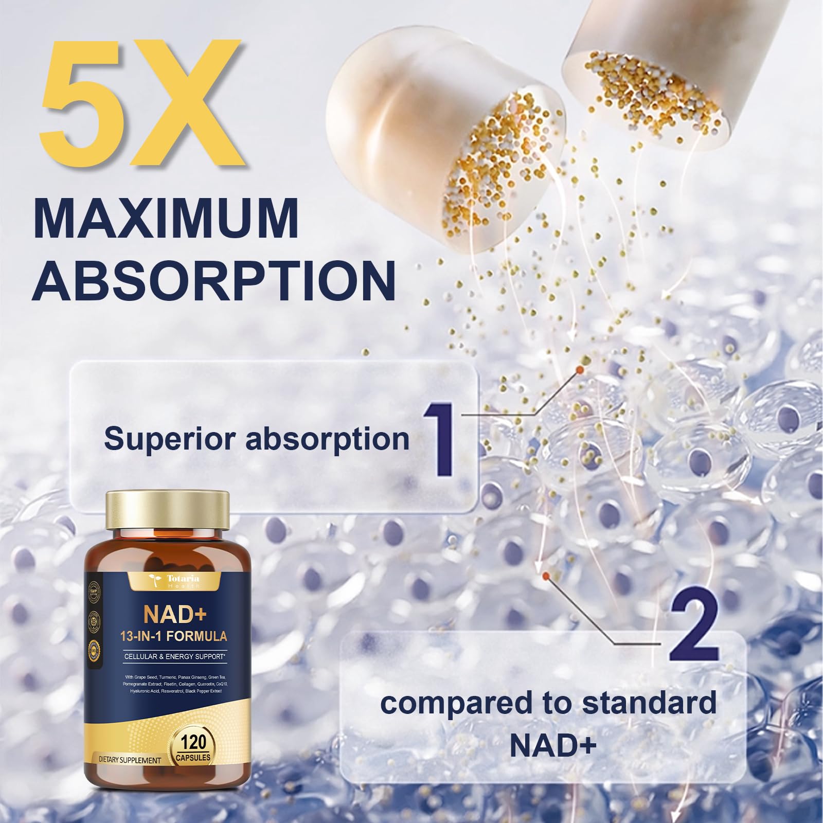 Totaria NAD+ label graphic communicates anti-aging and absorption features.