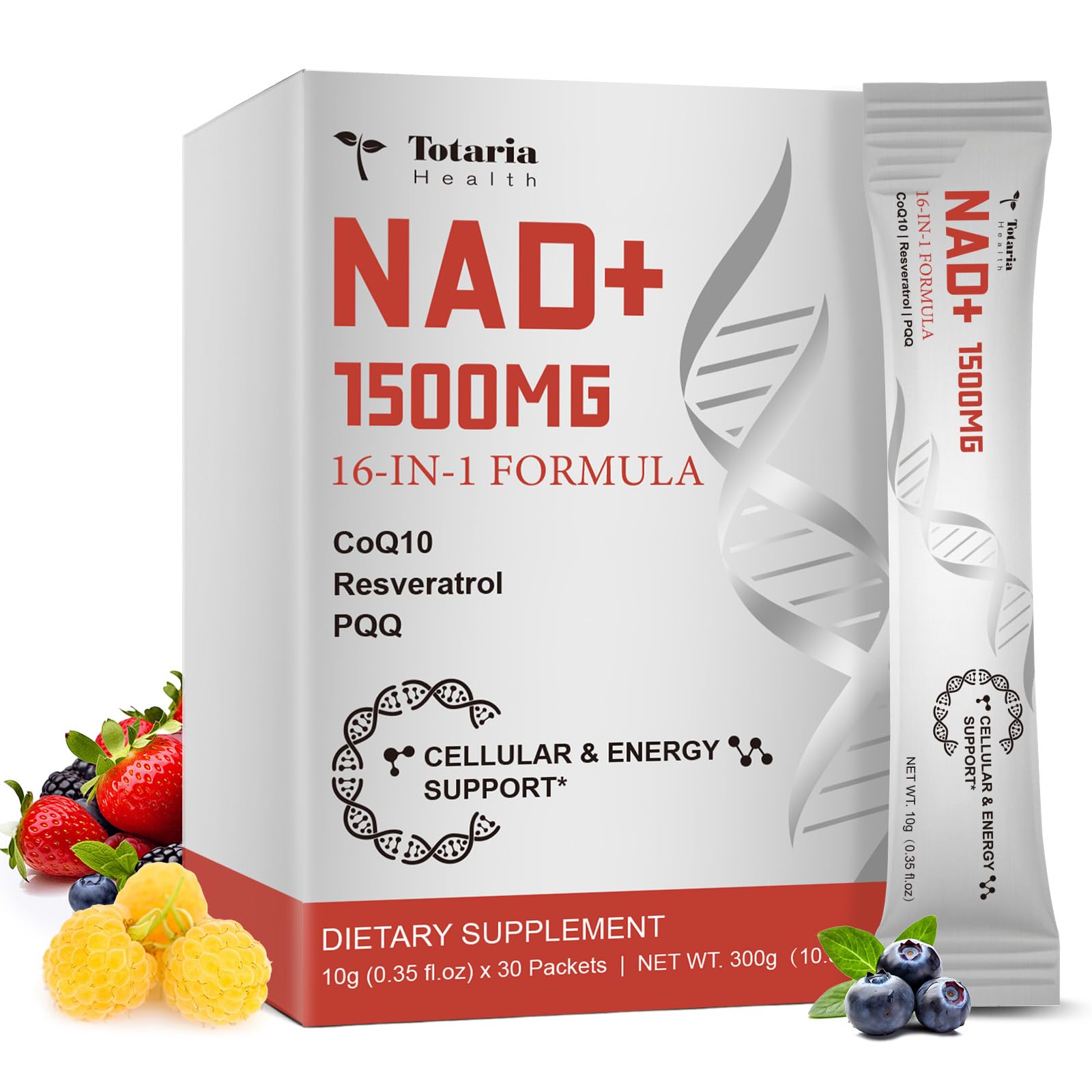 Totaria NAD liquid packets on table offer convenient daily nourishment.