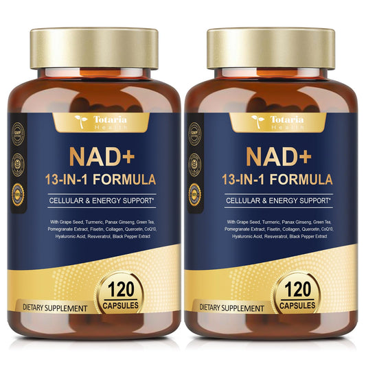 Totaria NAD+ supplement bottle front highlights a potent blend for daily vitality.