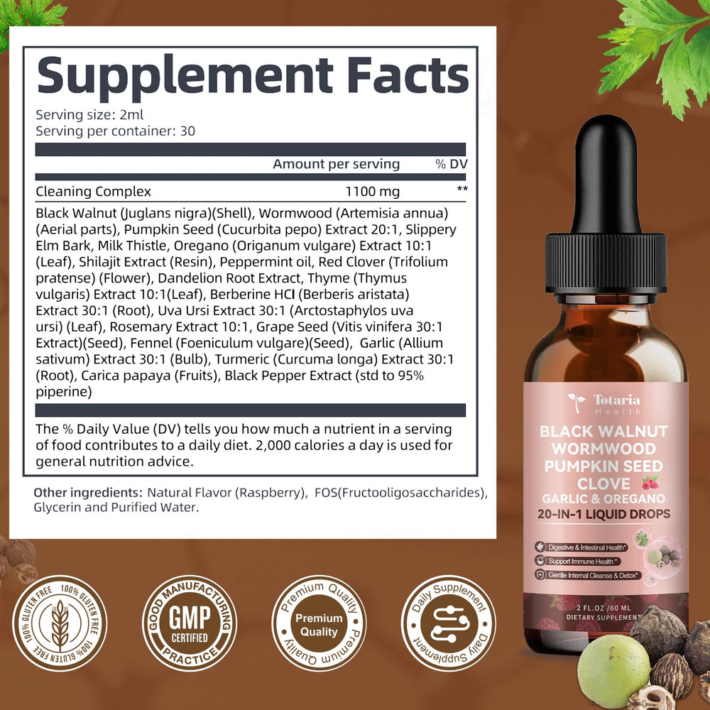 Totaria natural ingredients illustration highlights wormwood, cloves, and pumpkin seeds
