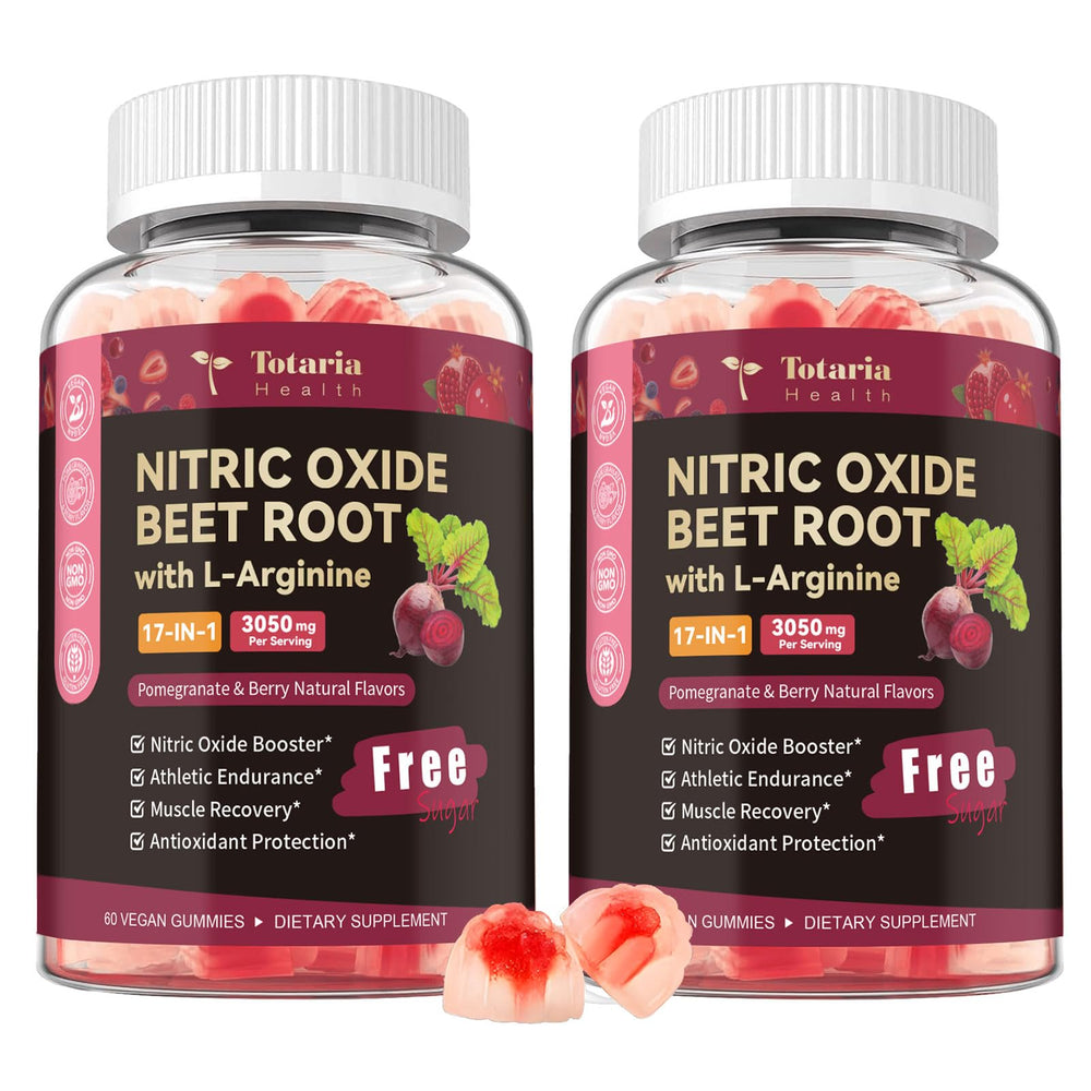 Totaria Nitric Oxide Beetroot Gummies bottle ready for pre-workout energy support.