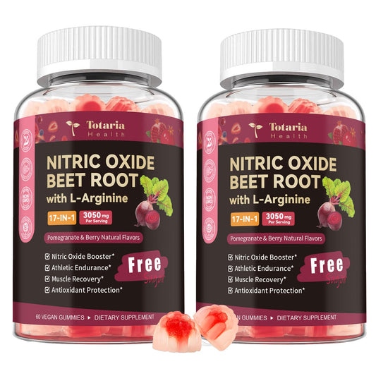 Totaria Nitric Oxide Beetroot Gummies bottle ready for pre-workout energy support.