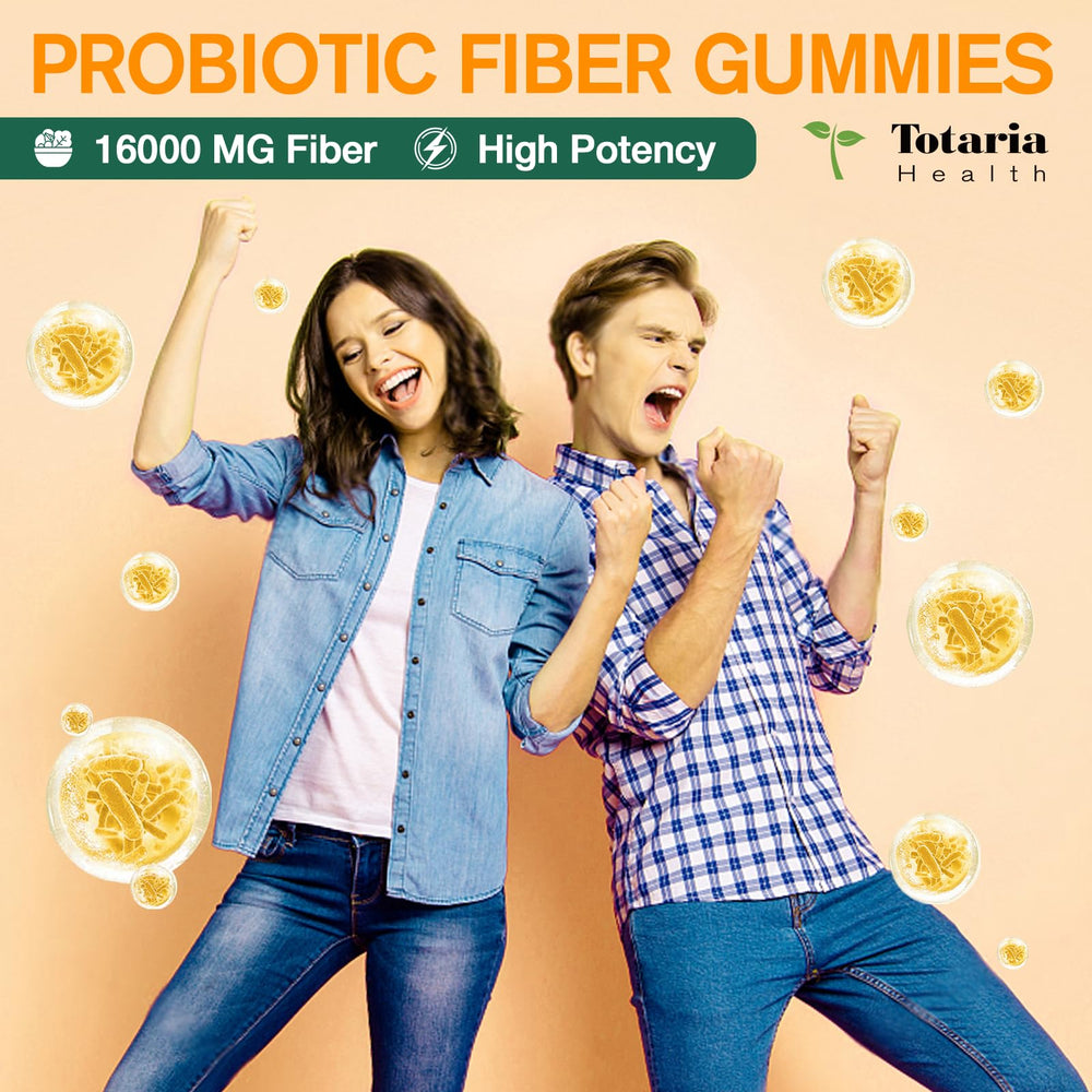 Totaria probiotic fiber gummies pineapple bottle view close-up, easy daily use on the go.