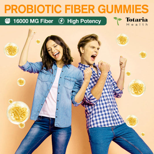 Totaria probiotic fiber gummies pineapple bottle view close-up, easy daily use on the go.