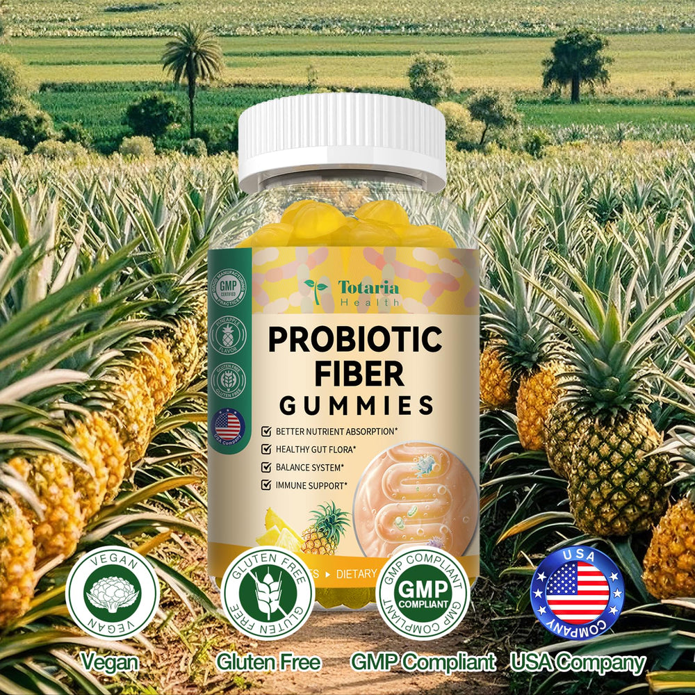Totaria probiotic fiber gummies pineapple close-up bottle, delicious chew for daily fiber intake.