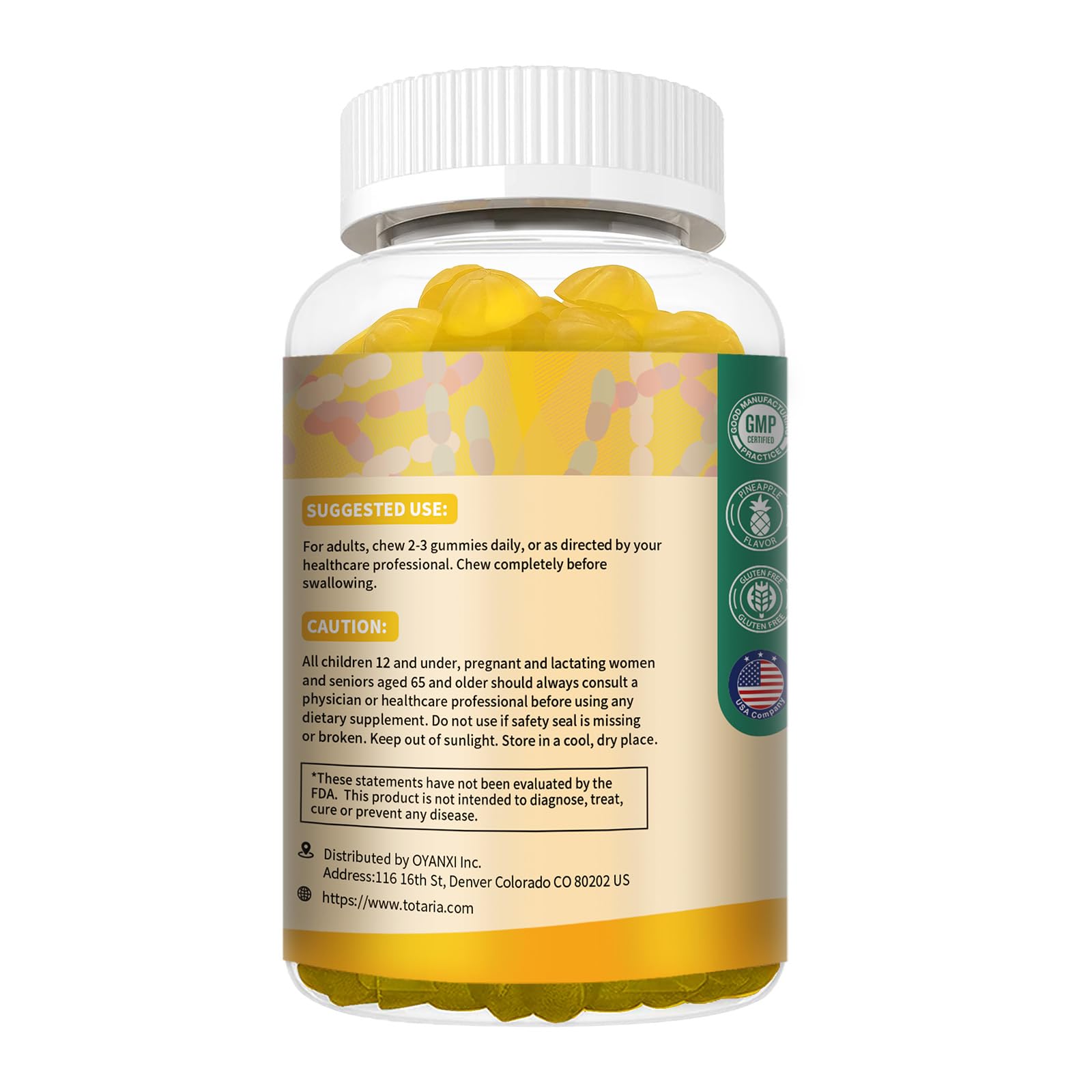 Totaria pineapple gummies front packaging, tasty option for fiber and probiotics in daily life.