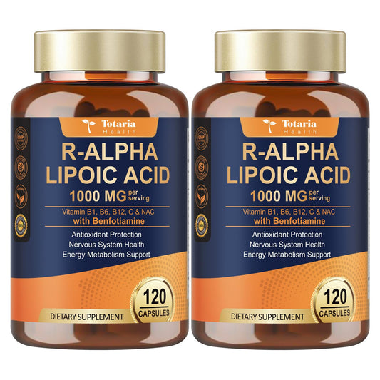 Totaria R-ALA 1000mg bottle highlights high absorption potential for better delivery.
