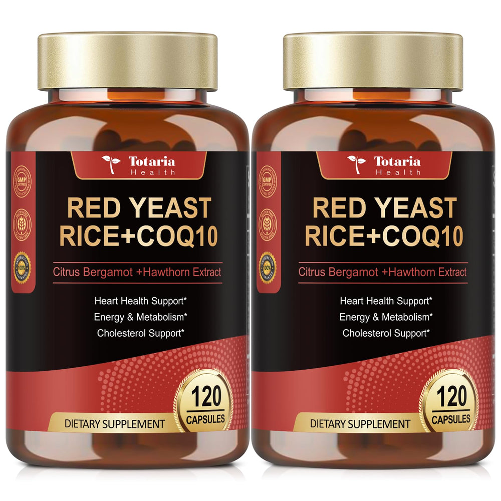 Totaria red yeast rice with CoQ10 bottle label shows citrinin-free daily wellness formula