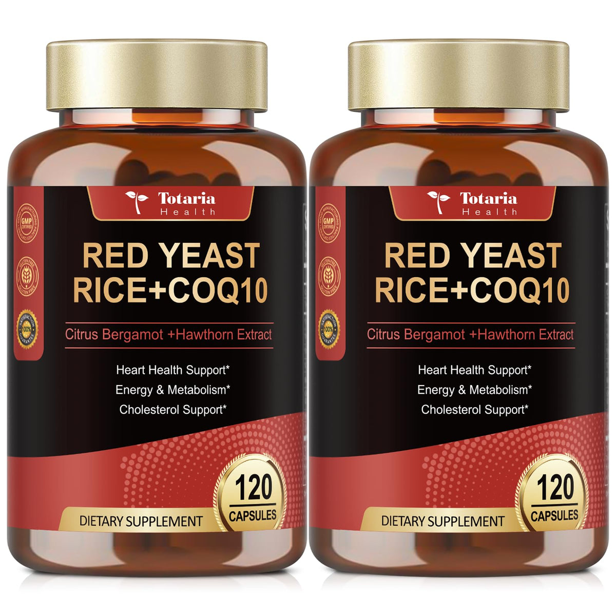 Totaria red yeast rice with CoQ10 bottle label shows citrinin-free daily wellness formula