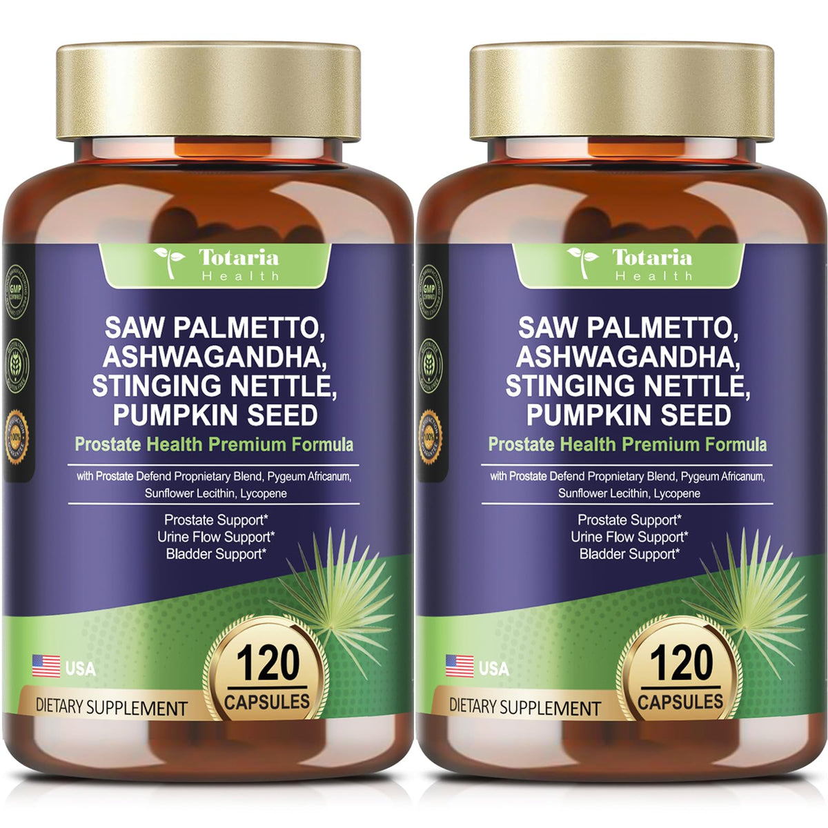 Totaria saw palmetto bottle front showing 240 capsules for easy daily use.
