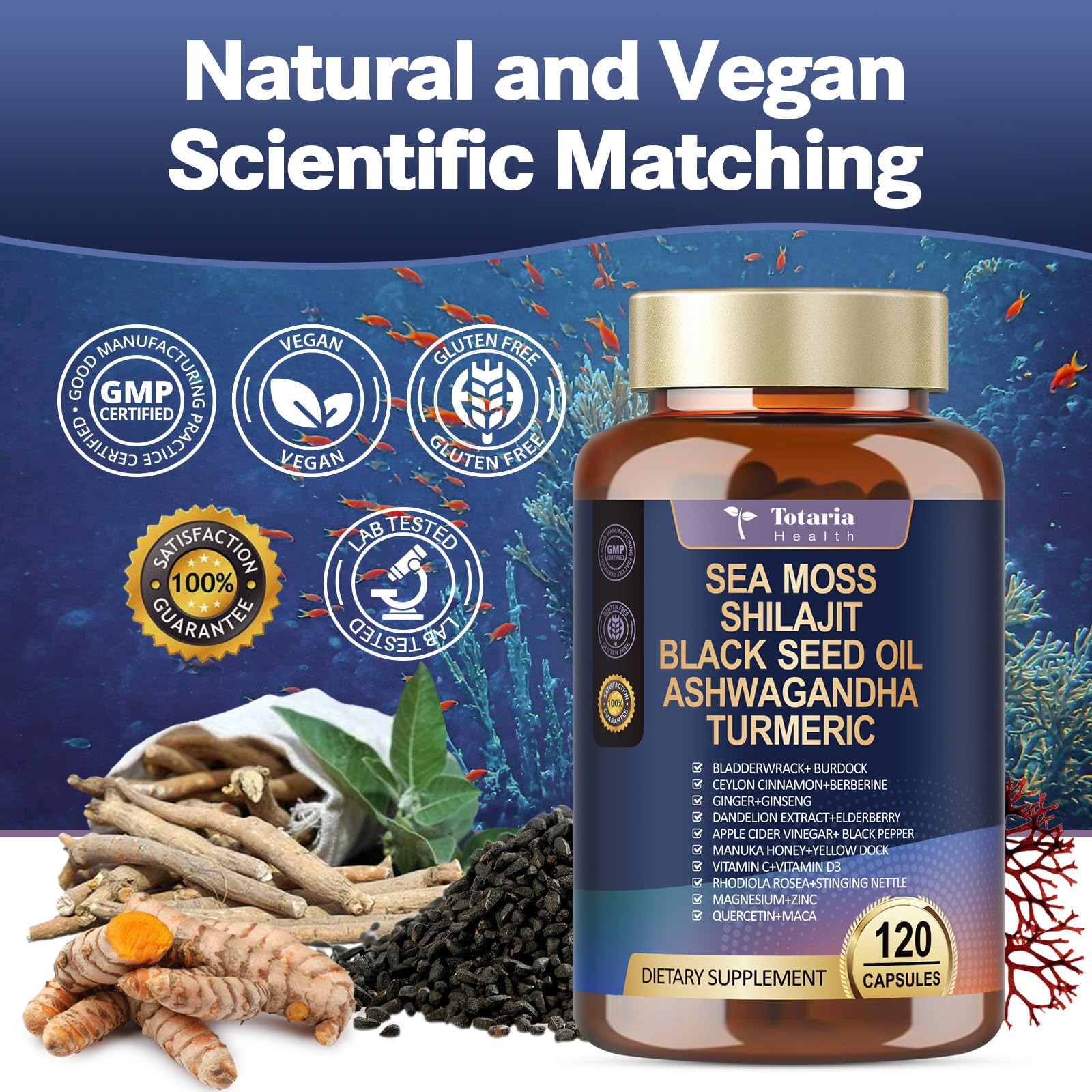 Totaria sea moss capsules pills closeup, easy-to-swallow form.