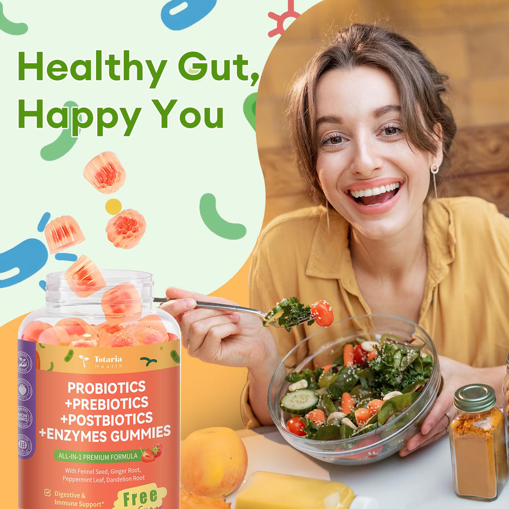 Totaria ingredients panel communicates prebiotic, probiotic, postbiotic, and enzyme synergy.