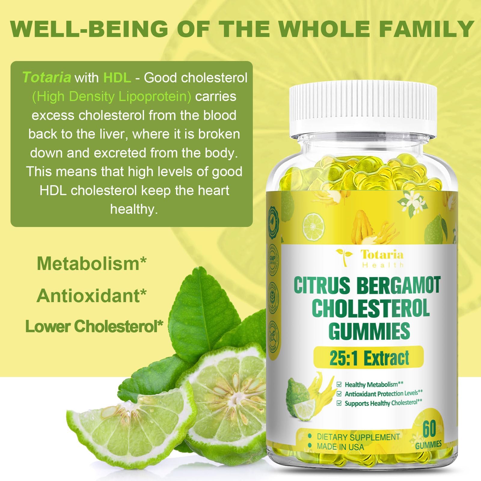 Totaria sugar-free bergamot gummies bottle back highlighting ingredients and sugar-free formula
