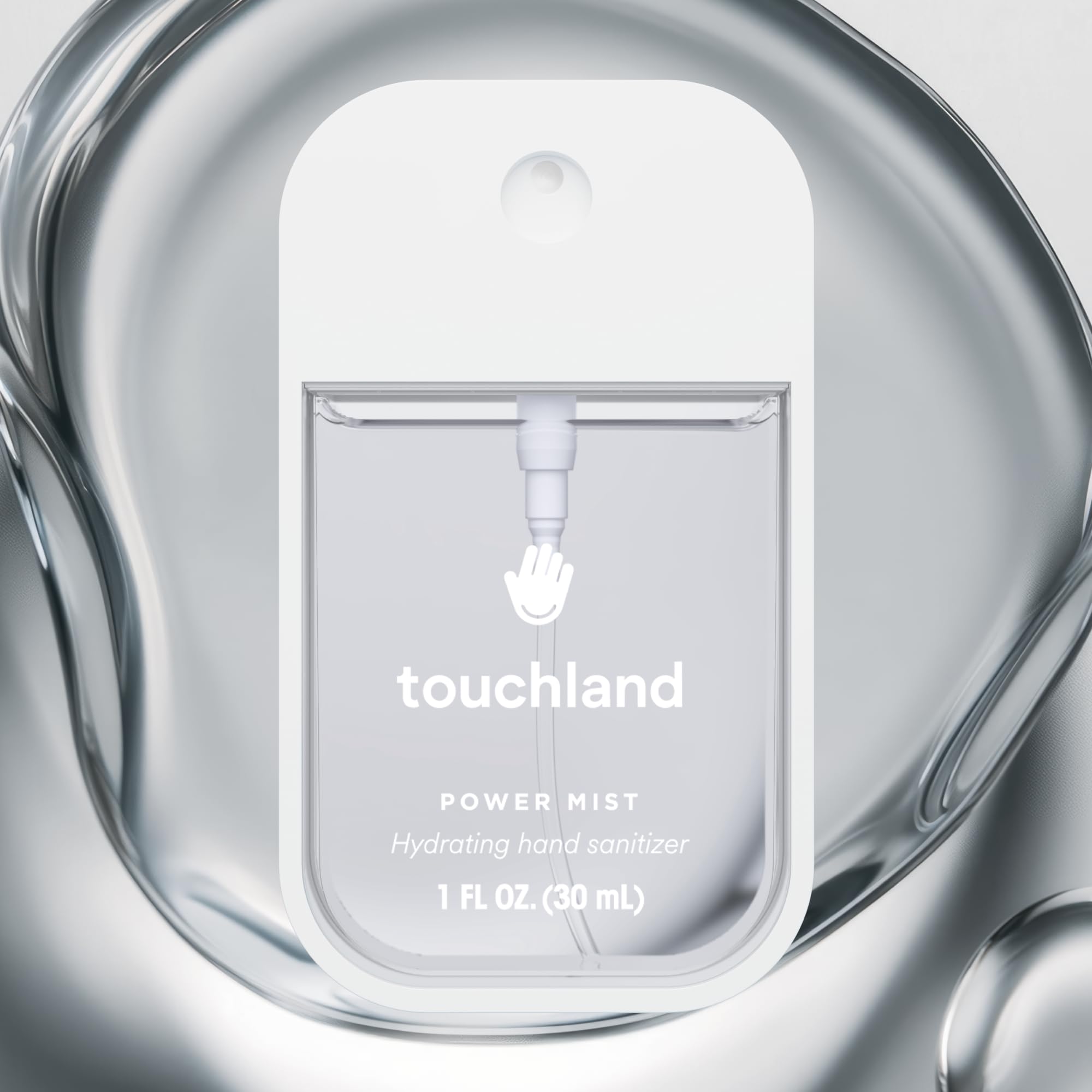 Touchland Aloe vera enriched formula sanitizer supports palm hydration.