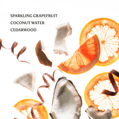 Touchland Beach Coco close-up of scent notes with coconut water and grapefruit.