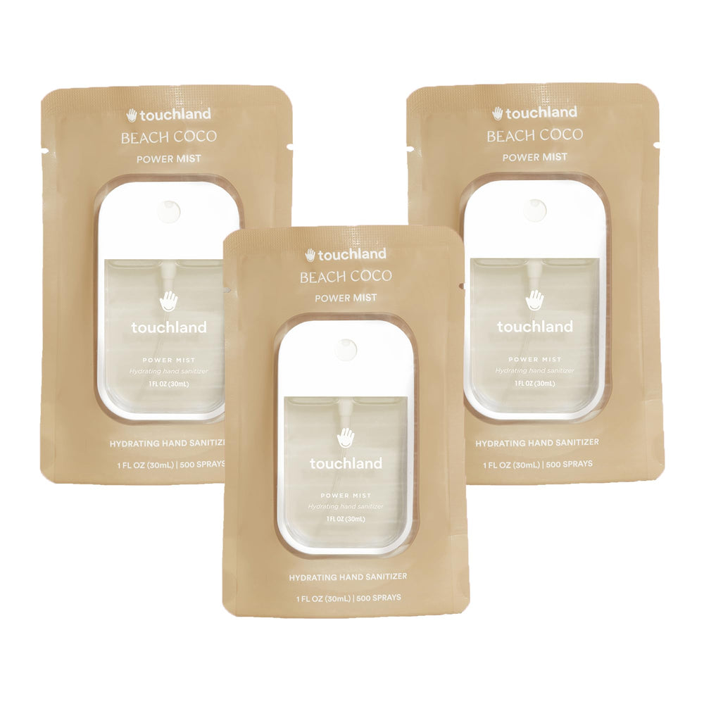 Touchland Beach Coco Trio packaging for on-the-go cleanliness and travel convenience.