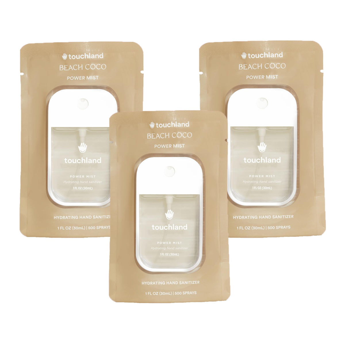 Touchland Beach Coco Trio packaging for on-the-go cleanliness and travel convenience.