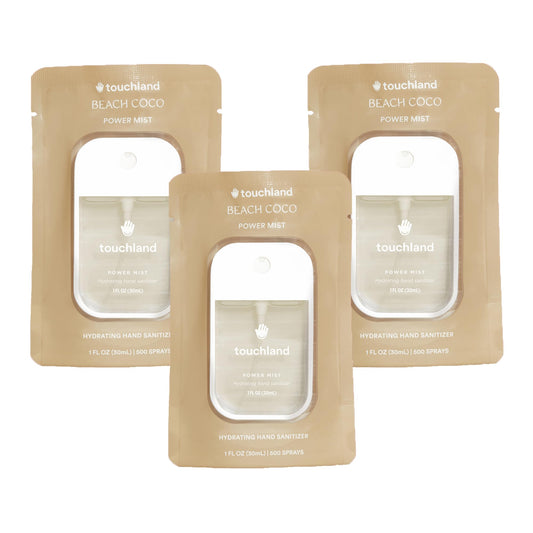 Touchland Beach Coco Trio packaging for on-the-go cleanliness and travel convenience.