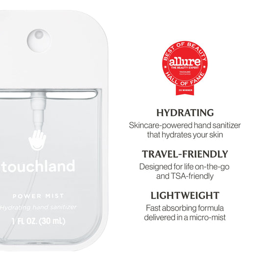 Touchland Beach Coco trio spray bottle demonstrating travel-size convenience for quick sanitizing.