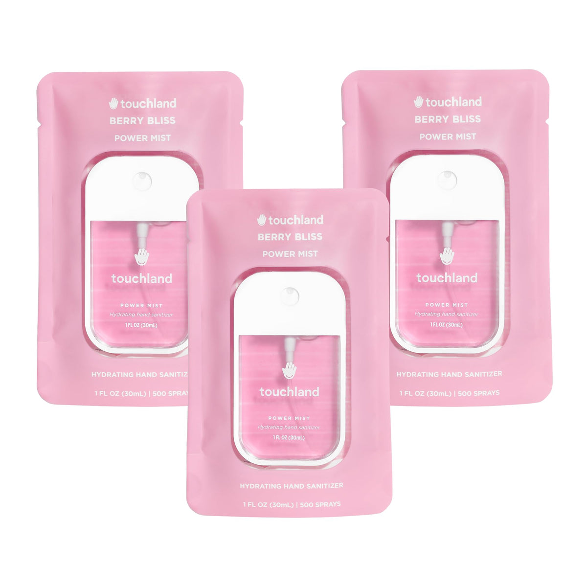 Touchland Berry Bliss Trio Set bottles ready for on-the-go sanitizing.