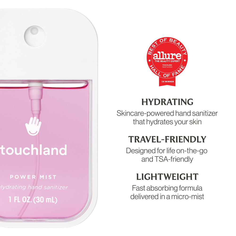 Close-up of Touchland Berry Bliss spray mist showing travel-friendly design.