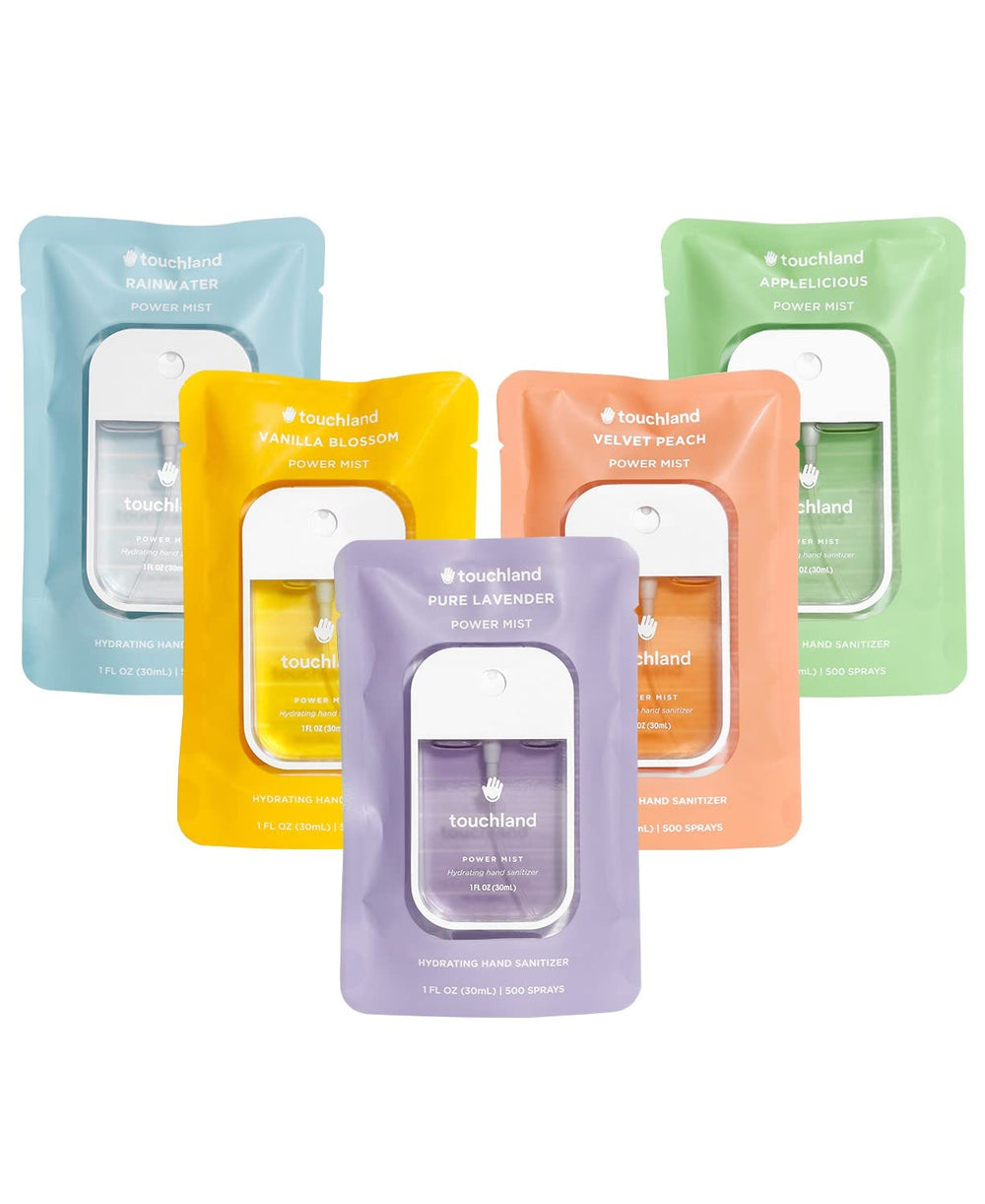 Touchland Blossom Lavender bottle; hydrating sanitizer mist for on-the-go freshness.