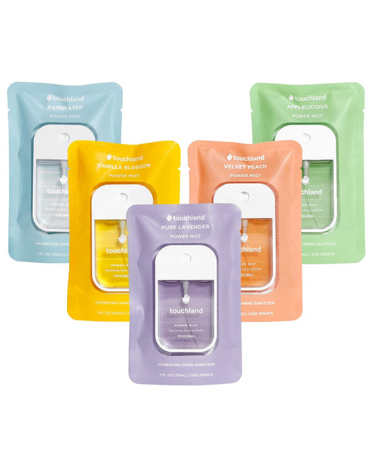 Touchland Blossom Lavender bottle; hydrating sanitizer mist for on-the-go freshness.
