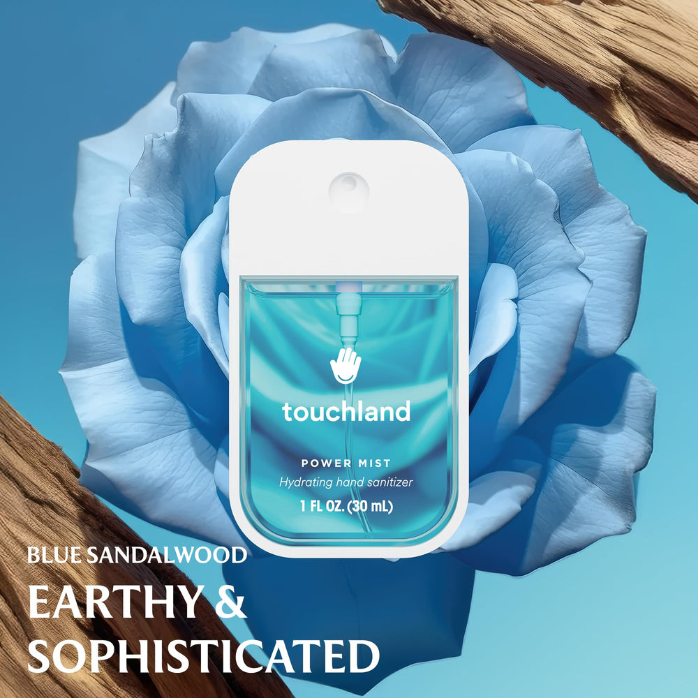 Touchland Blue Sandalwood spray bottle with calming scent and gentle protection.