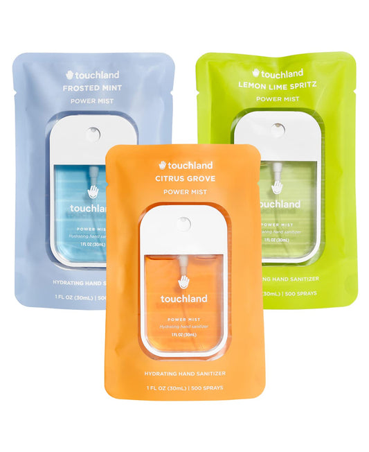 Touchland Fresh Trio mint bottle with refreshing mint scent for on-the-go sanitizing.