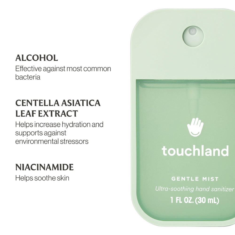 Close-up of Touchland Glow Mist bottle highlighting lightweight mist