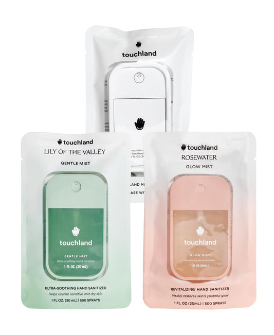 Touchland Glow Mist bottle close-up showing hydrating sanitizing action