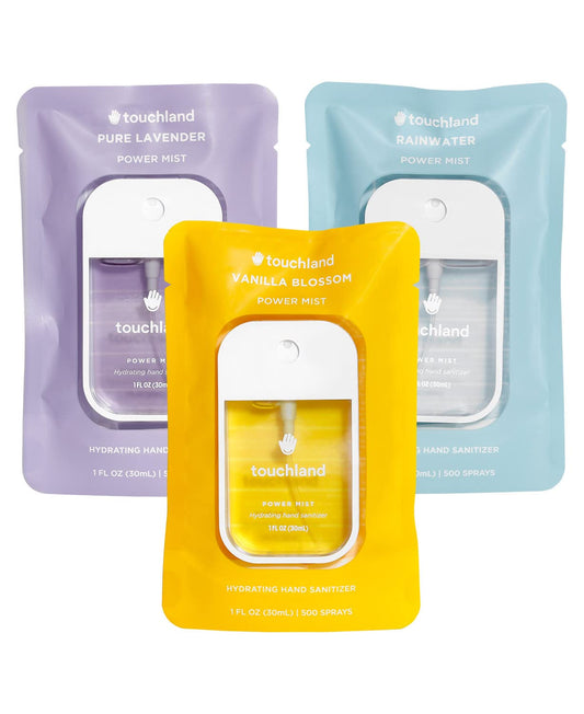Touchland BLOSSOM trio set packaging shows travel-friendly bottles for on-the-go sanitizing.