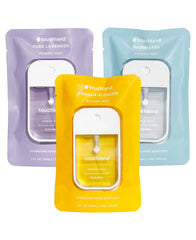 Touchland BLOSSOM trio set packaging shows travel-friendly bottles for on-the-go sanitizing.