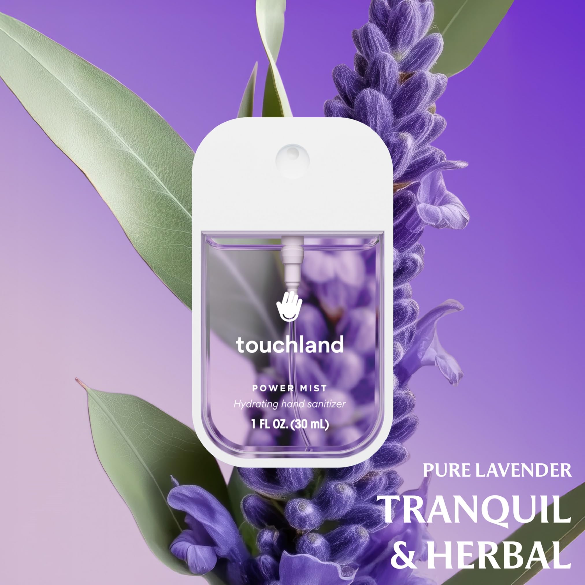 Touchland rainwater bottle close-up highlighting fresh scent and quick-dry feel.