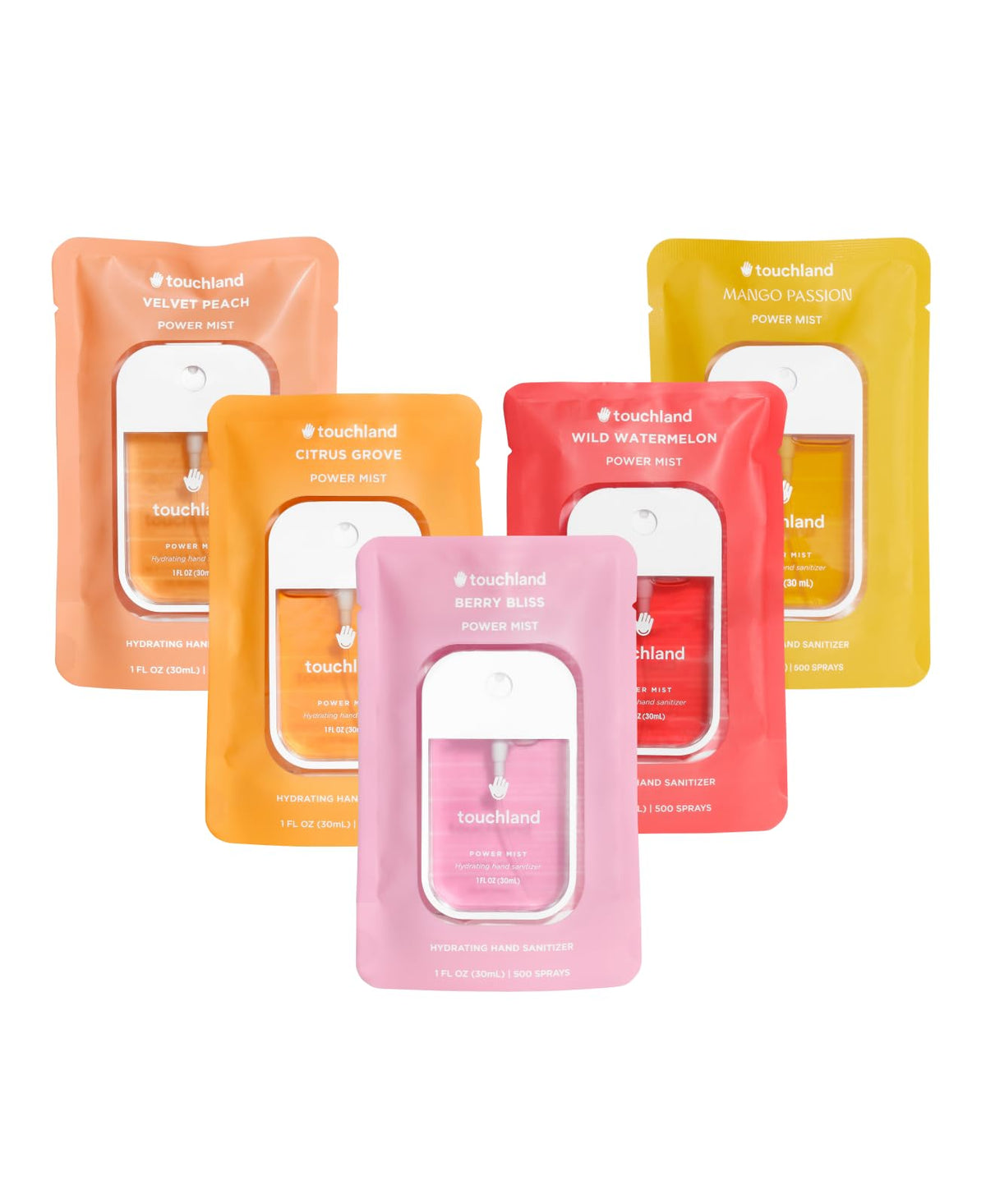 Touchland Juicy 5 Set Citrus Grove spray bottle ready for on-the-go sanitizing and refreshing scent.