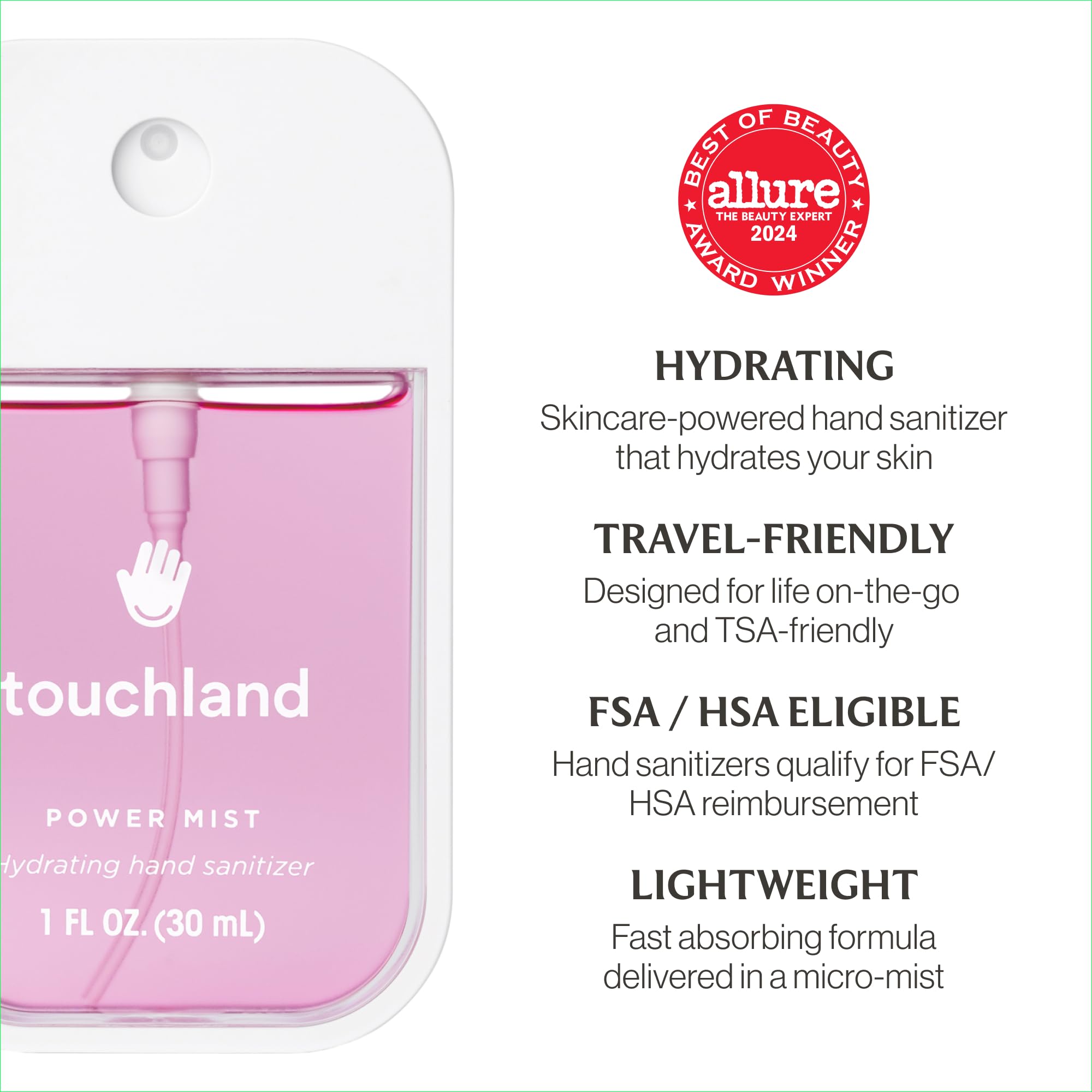 Touchland Juicy 5 Set dermatologist-tested badge signals skin-safe sanitizing option.