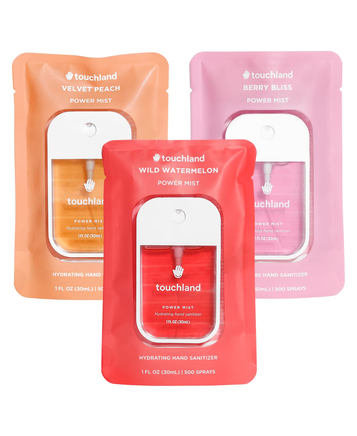 Touchland Juicy Trio Watermelon bottle front for refreshing hydration on the go.
